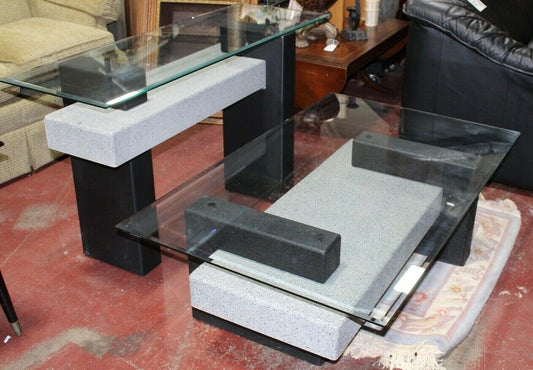 A Pair of Post Modern Black and Grey Composite and Glass Tables 1990s