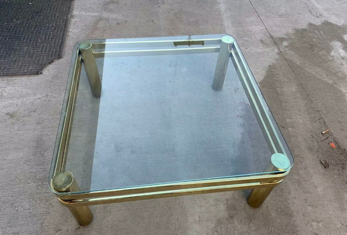 1980s Milo Baughman Style Modern Brass and Glass Square Rounded Edge Coffee Table