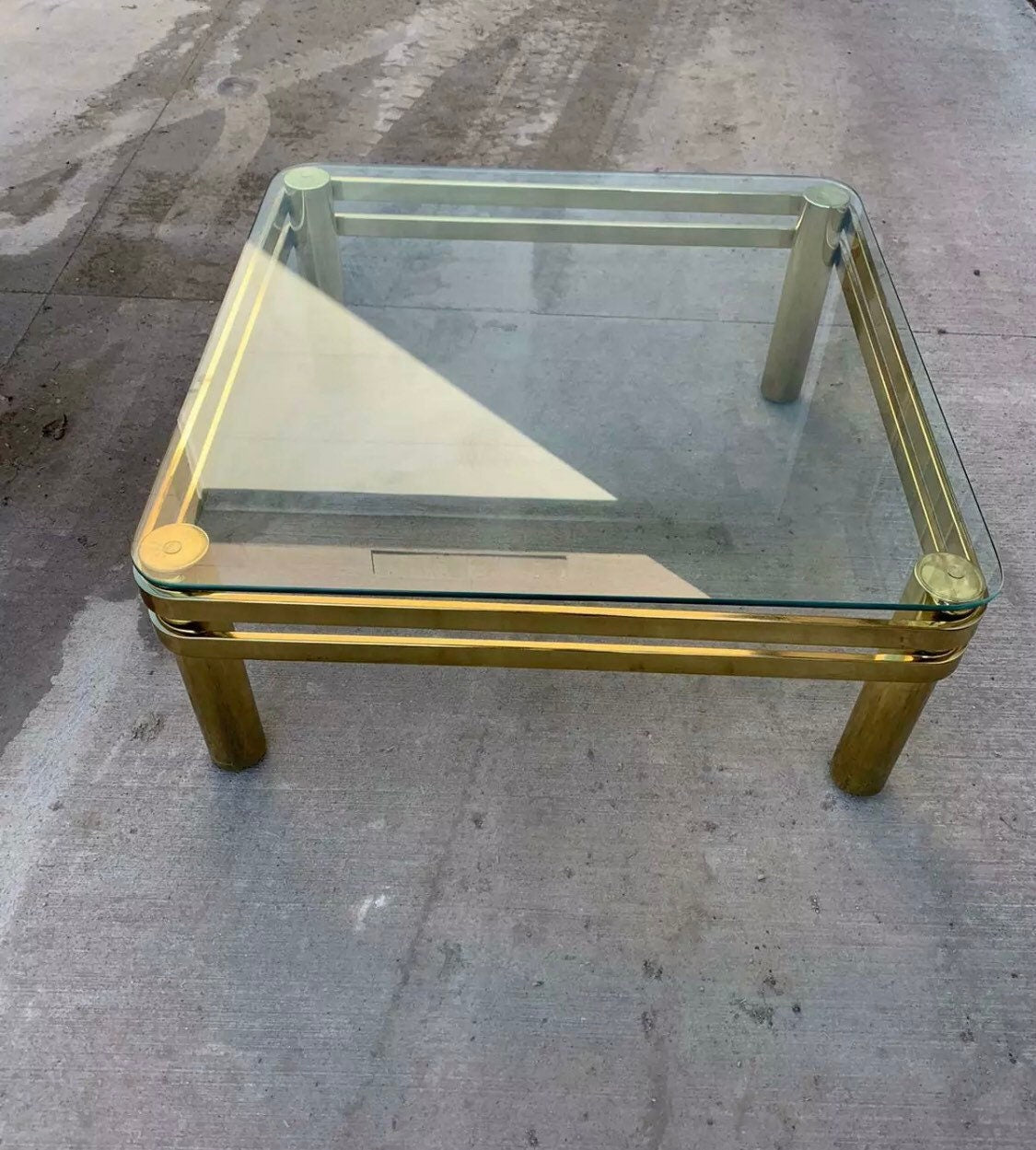 1980s Milo Baughman Style Modern Brass and Glass Square Rounded Edge Coffee Table