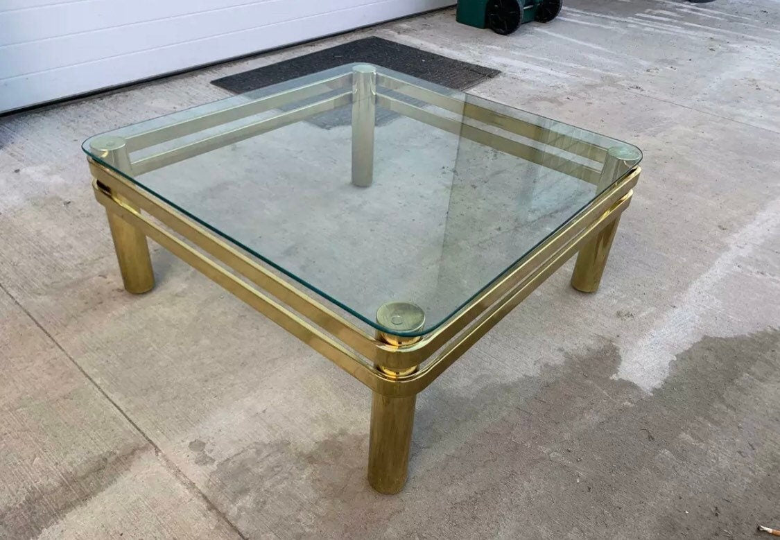 1980s Milo Baughman Style Modern Brass and Glass Square Rounded Edge Coffee Table