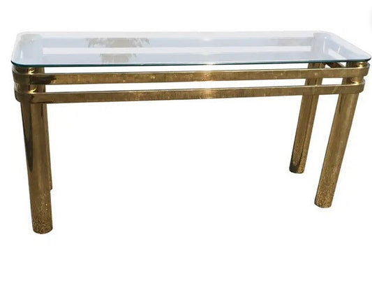 1980s Milo Baughman Style Modern Brass and Glass Rectangular Rounded Edge Console Table