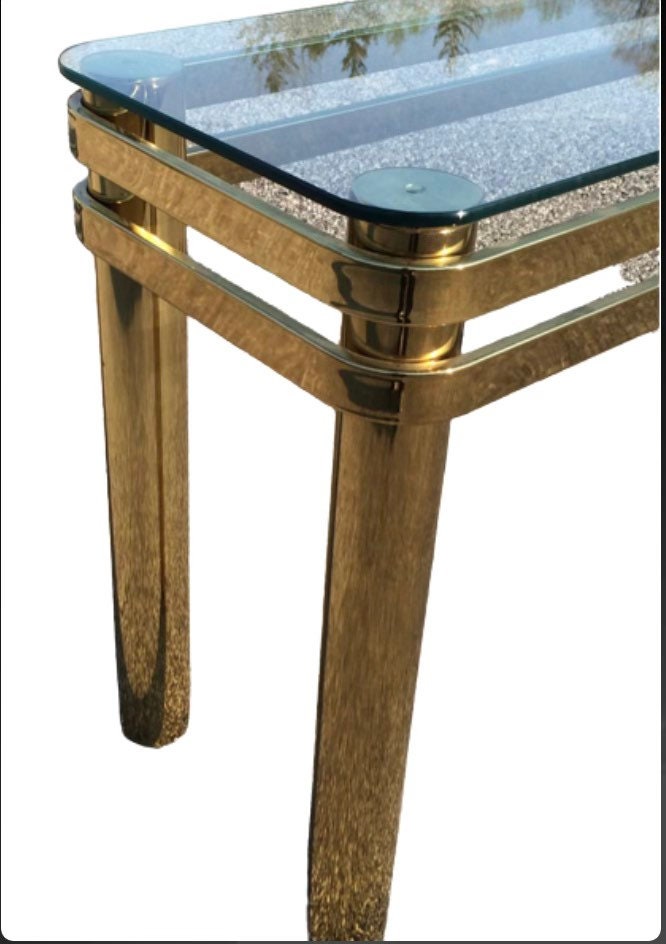 1980s Milo Baughman Style Modern Brass and Glass Rectangular Rounded Edge Console Table