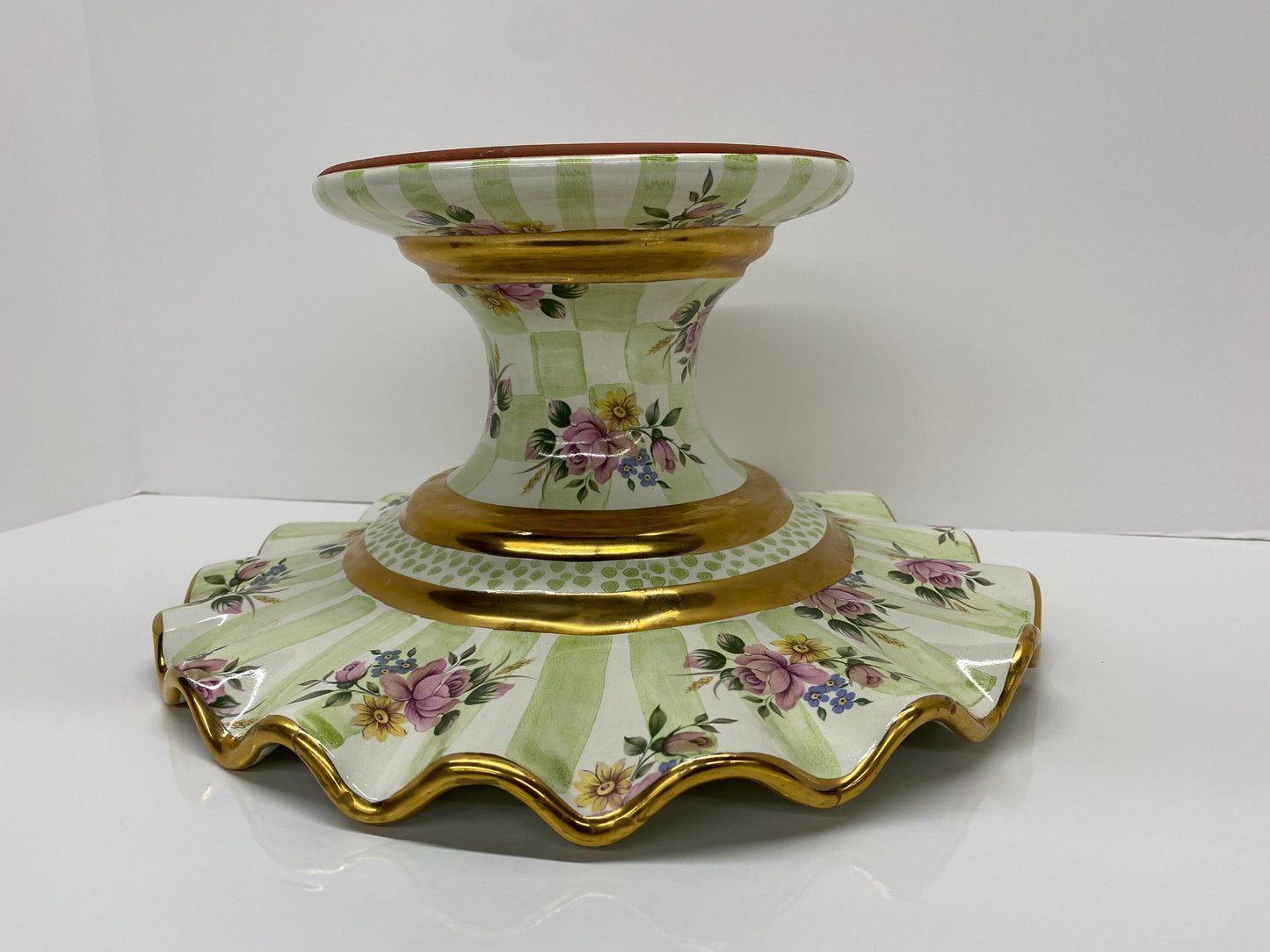 MacKenzie-Childs Green Honeymoon Check Fluted Cake Stand