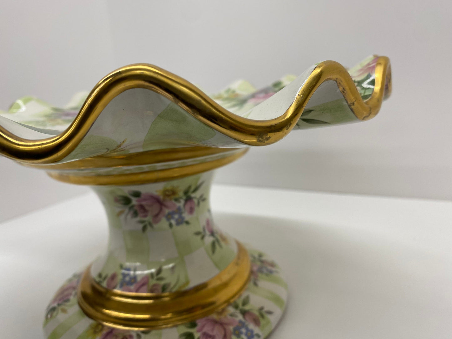 MacKenzie-Childs Green Honeymoon Check Fluted Cake Stand
