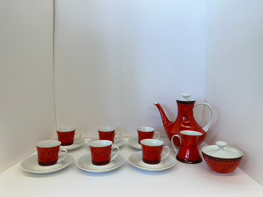 1969 Porcelanas Bidasoa for Block Collection: Demitasse Coffee/Espresso Set With España Flamenco Pattern - 17 Pieces