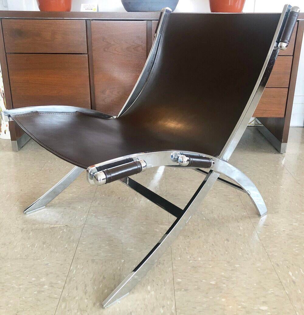 1960s Postmodern Italia Scissor Chair in Stainless Steel & Brown Leather