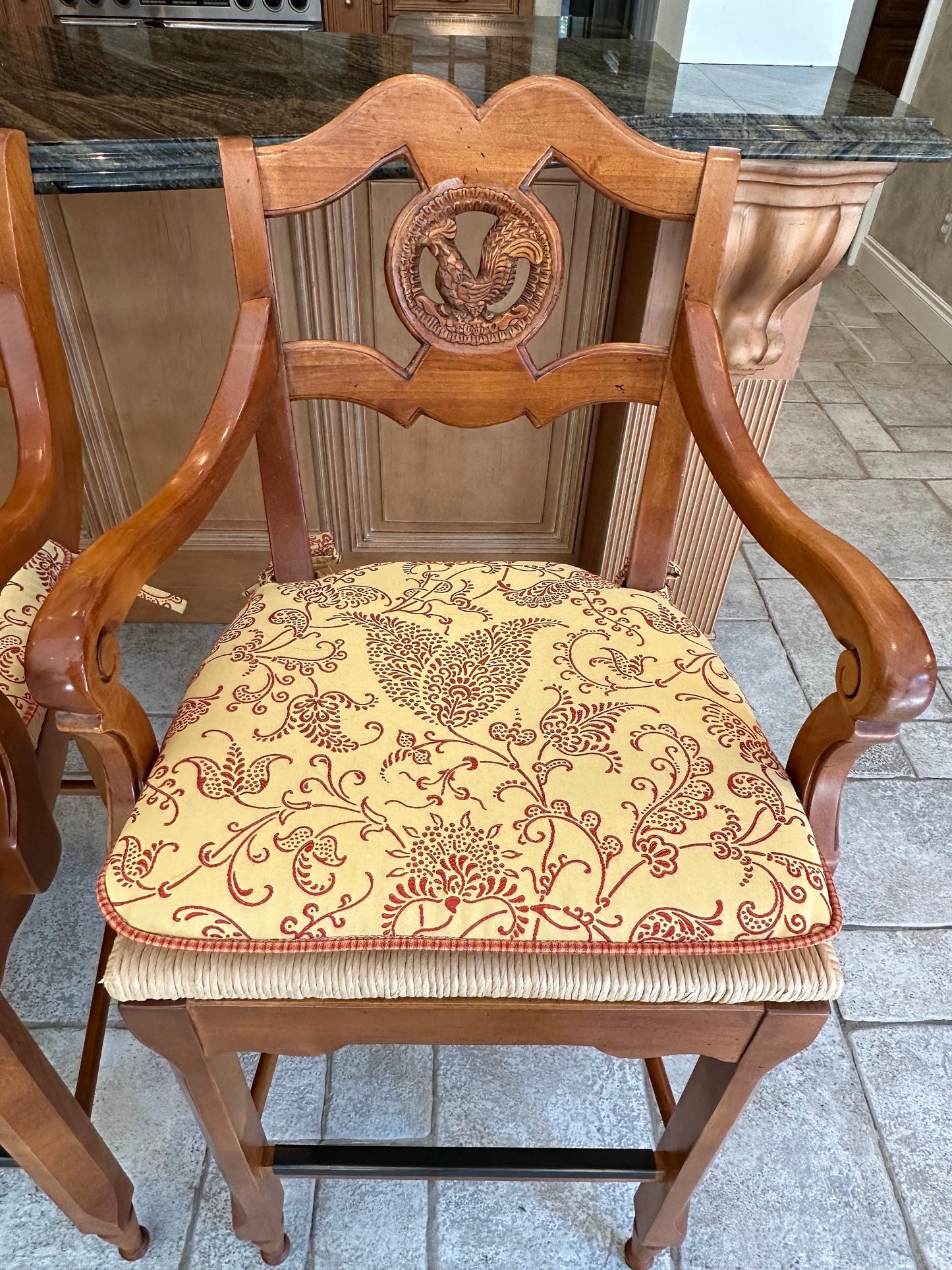 4 Italian Inspired / Tuscany / Rustic / Farmhouse / French Country Barstools With Rush Seats & Carved Roosters Upholstered Cushions Included