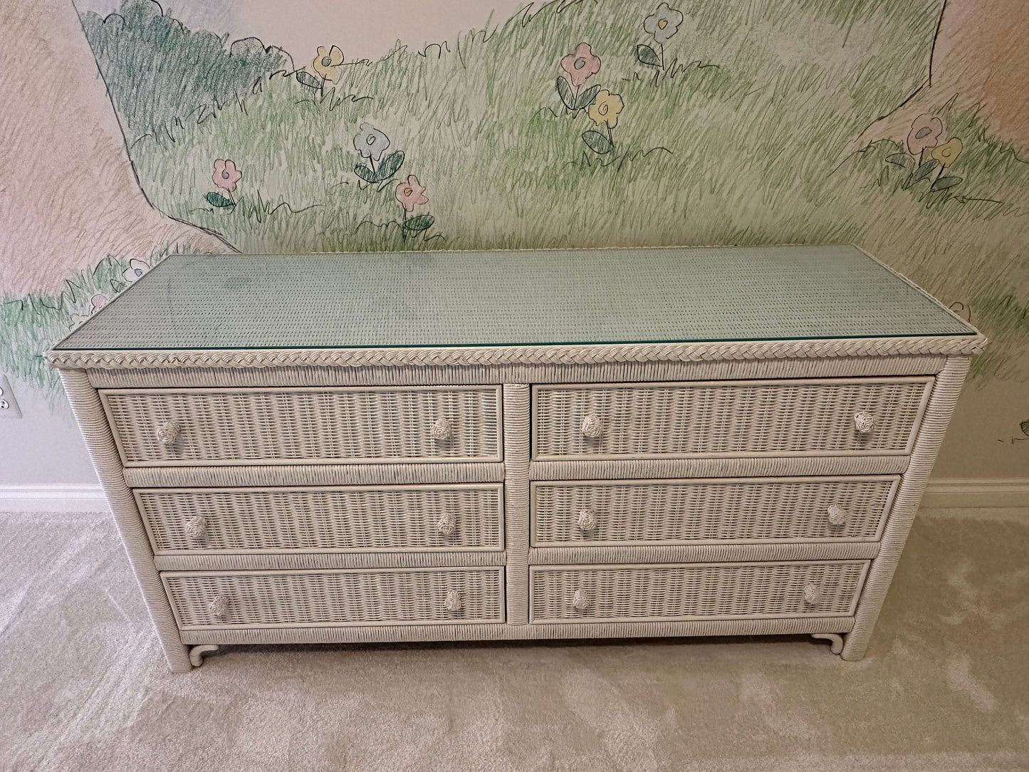 1986 Henry Link Vintage White Wicker Six (6) Drawer Double Dresser With Glass Top