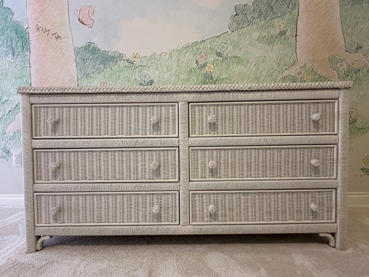 1986 Henry Link Vintage White Wicker Six (6) Drawer Double Dresser With Glass Top