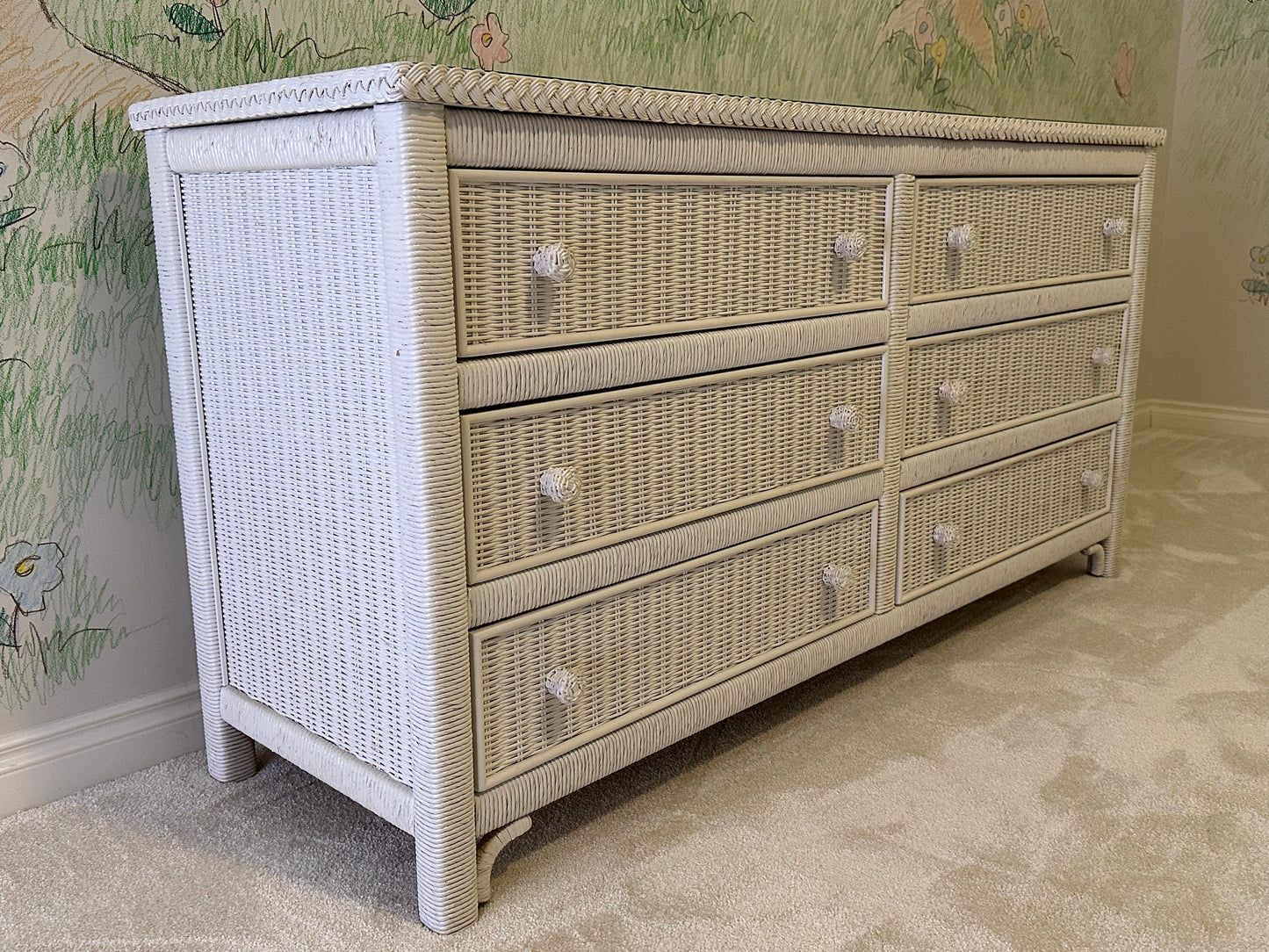 1986 Henry Link Vintage White Wicker Six (6) Drawer Double Dresser With Glass Top