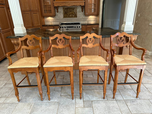 4 Italian Inspired / Tuscany / Rustic / Farmhouse / French Country Barstools With Rush Seats & Carved Roosters Upholstered Cushions Included