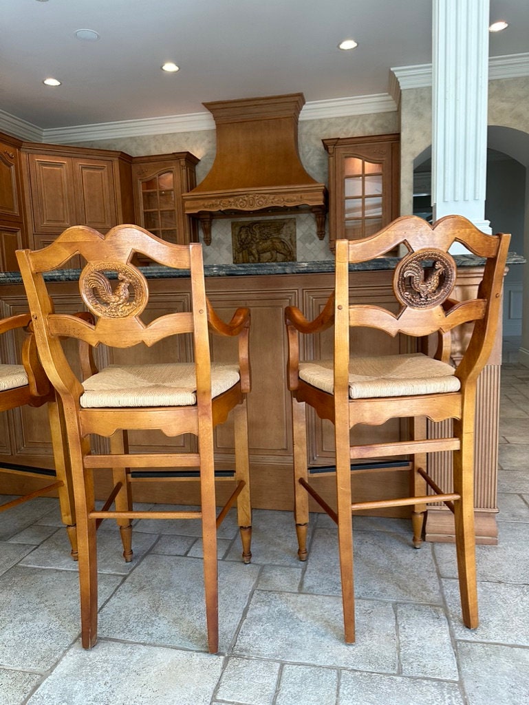 4 Italian Inspired / Tuscany / Rustic / Farmhouse / French Country Barstools With Rush Seats & Carved Roosters Upholstered Cushions Included