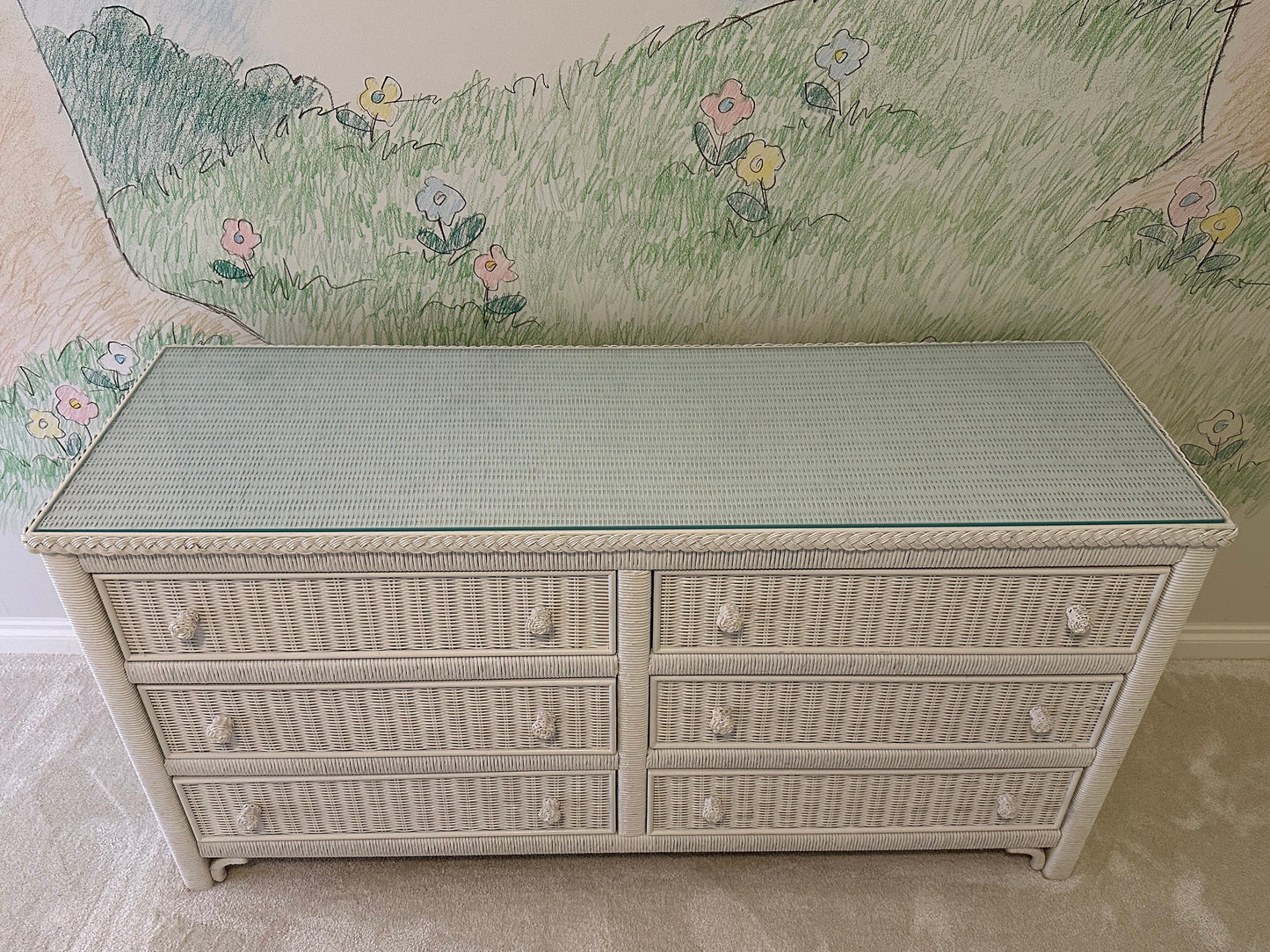 1986 Henry Link Vintage White Wicker Six (6) Drawer Double Dresser With Glass Top