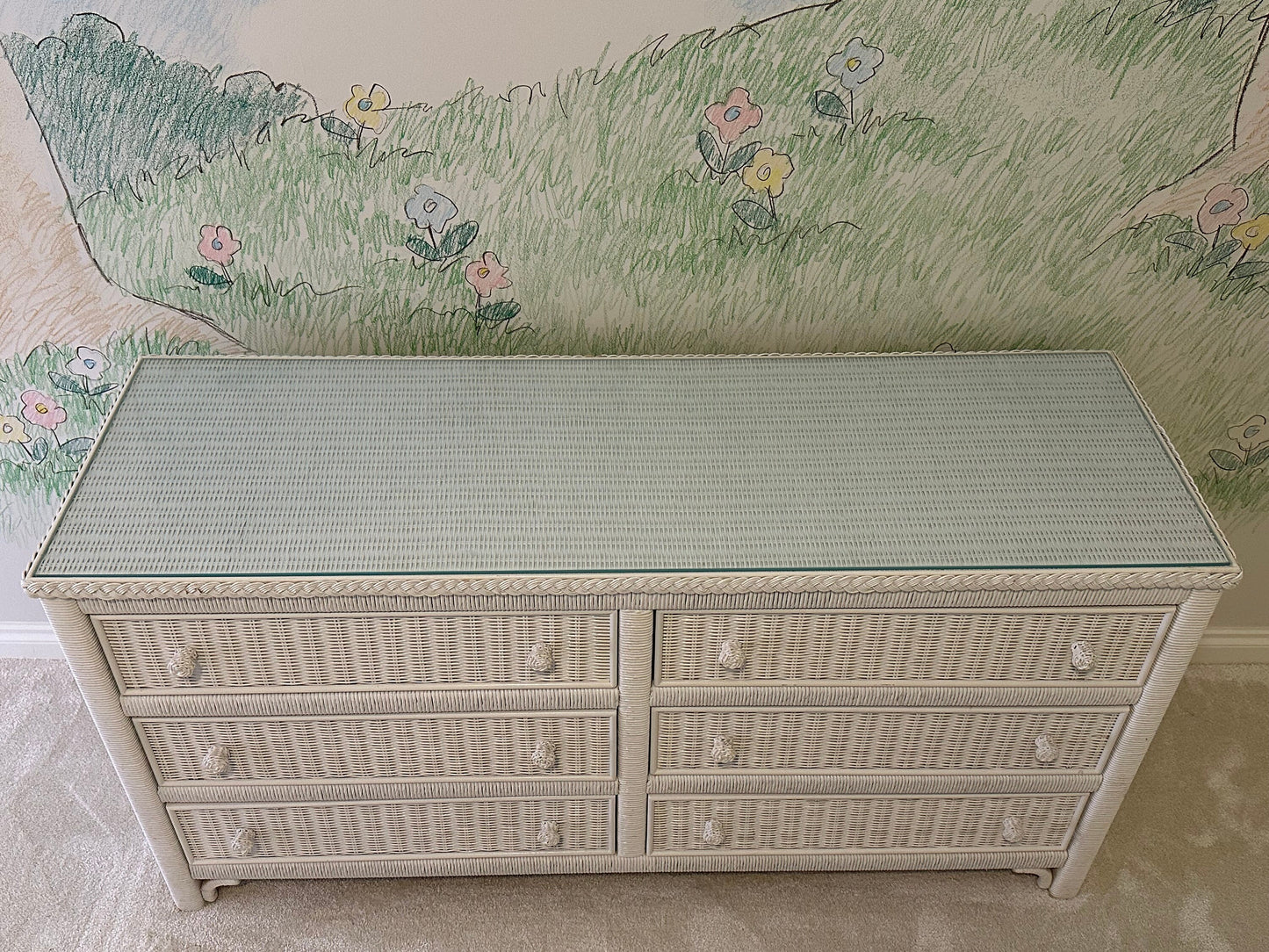 1986 Henry Link Vintage White Wicker Six (6) Drawer Double Dresser With Glass Top