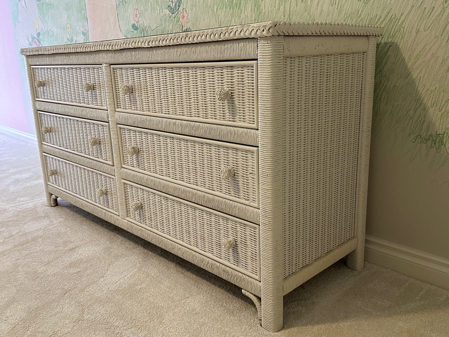 1986 Henry Link Vintage White Wicker Six (6) Drawer Double Dresser With Glass Top